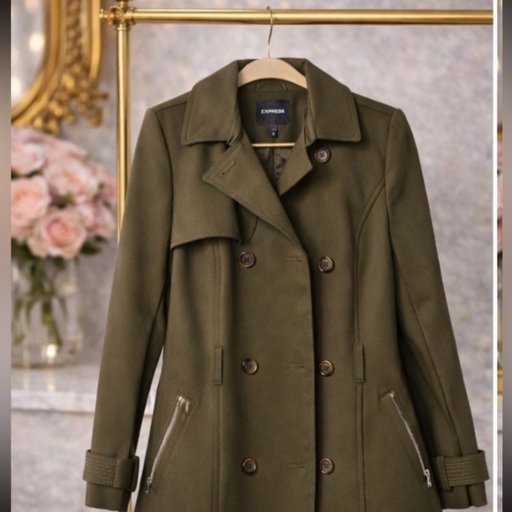 Express Olive Green Tailored Trench Coat Classic Belted Jacket Size XS fits S-M